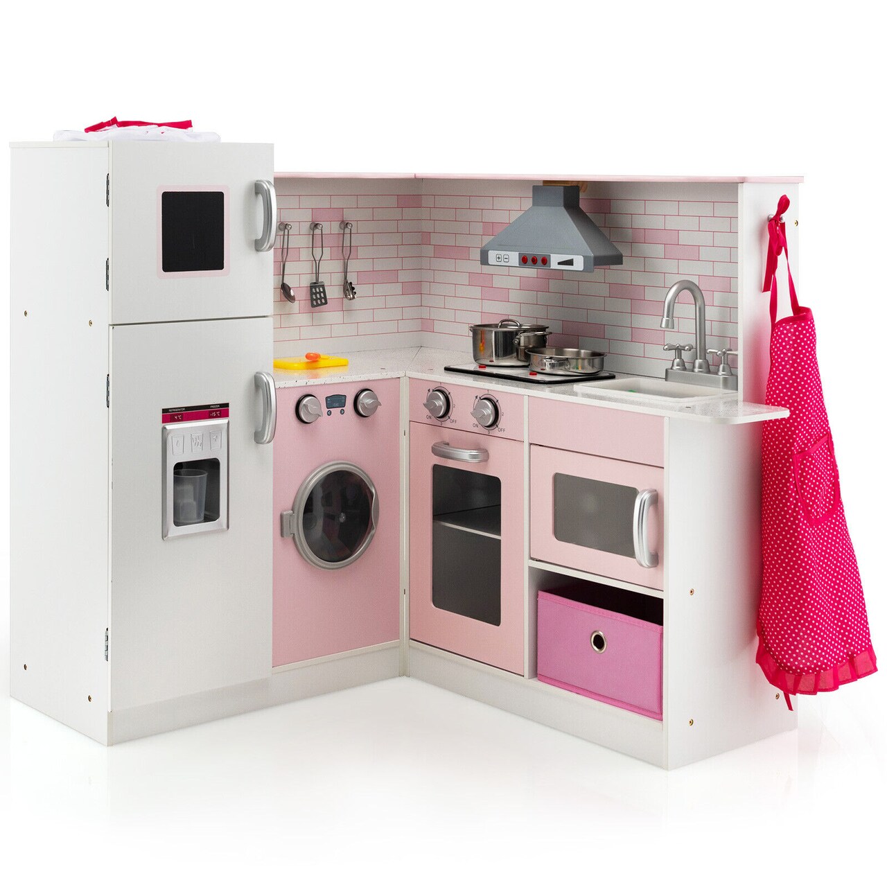 White-Pink MDF Kids Kitchen Playset with Lights Sounds and Accessories for 3+